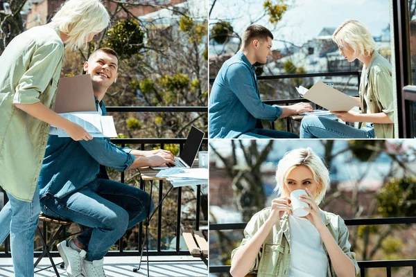 Colagem de pessoas de negócios que trabalham com laptop e papéis no terraço ensolarado e mulher bebendo chá — Fotografia de Stock