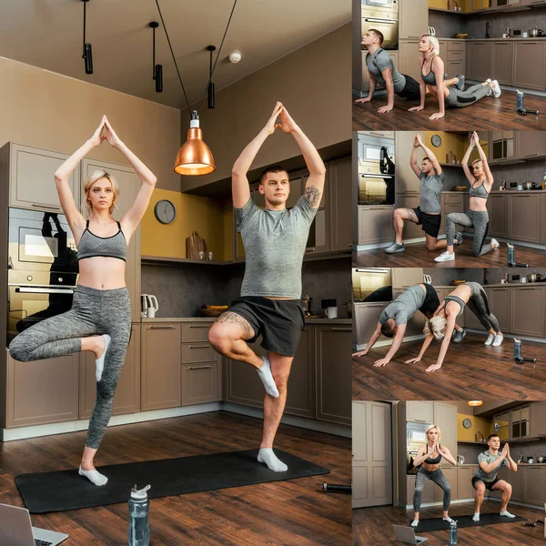 Collage aus sportlichem Paar, das zu Hause Übungen macht und Yoga praktiziert — Stockfoto