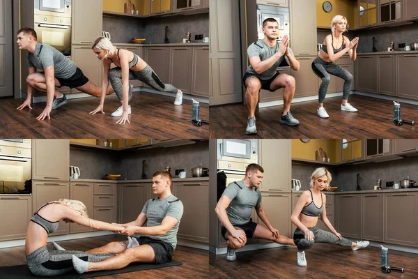Collage di coppia sportiva facendo esercizi a casa — Foto stock