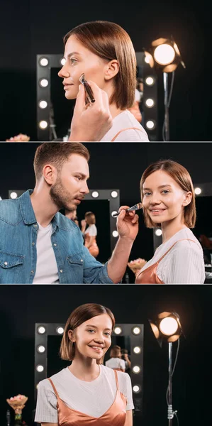 Collage du maquilleur tenant le pinceau cosmétique près du visage du modèle attrayant — Photo de stock