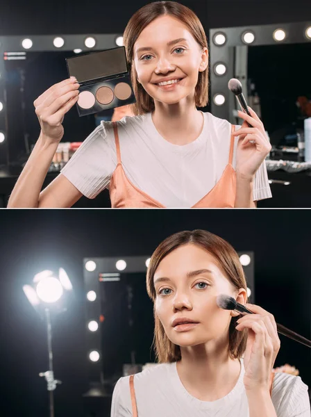 Collage de belle femme tenant ensemble de maquillage et pinceau cosmétique en studio photo — Photo de stock