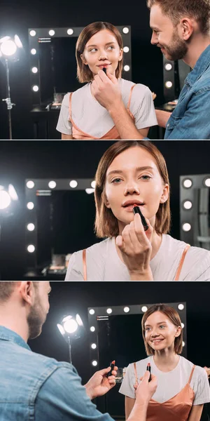 Collage of handsome makeup artist holding lipsticks near beautiful smiling model in photo studio — Stock Photo