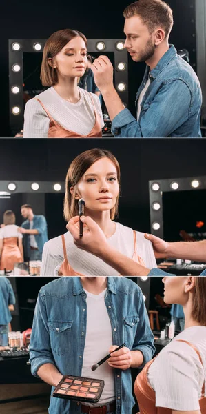 Collage of handsome makeup artist applying mascara, face powder and blush on beautiful model in photo studio — Stock Photo