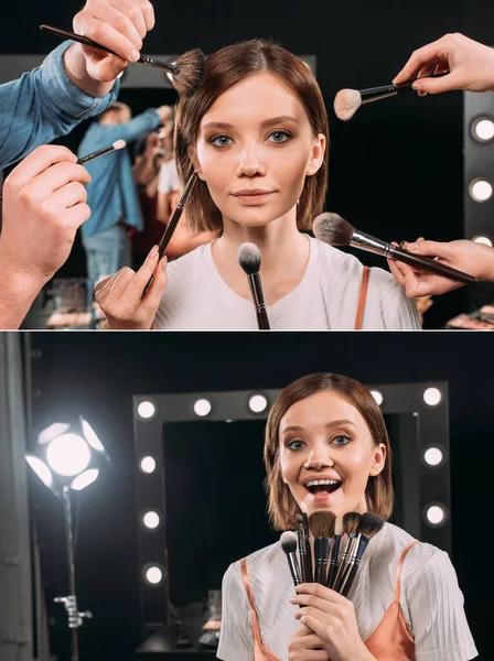 Collage of makeup artists holding cosmetic brushes and cheerful model looking at camera in photo studio — Stock Photo