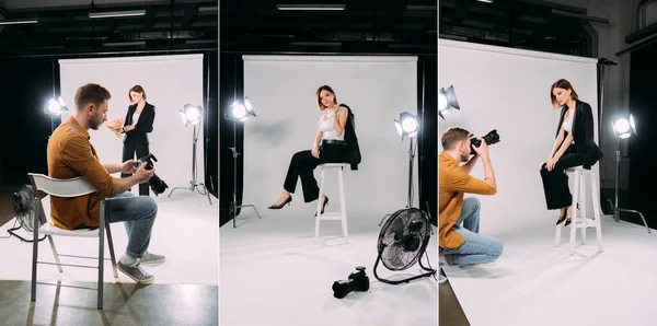 Collage de fotógrafo y hermosa modelo elegante trabajando en estudio de fotos - foto de stock