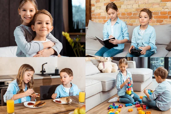 KYIV, UKRAINE - 27 AVRIL 2020 : collage de garçon jouant à un jeu vidéo et prenant le petit déjeuner et jouant avec sa sœur à la maison — Photo de stock