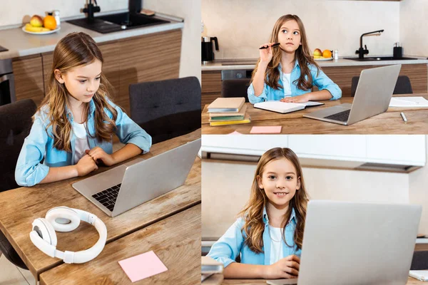 Collage di bambino emotivo guardando il computer portatile mentre studiava online a casa — Foto stock
