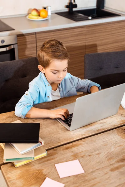 Menino bonito usando laptop enquanto e-learning em casa — Fotografia de Stock