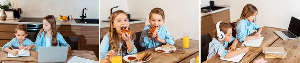 Collage de frères et sœurs e-learning et petit déjeuner à la maison — Photo de stock