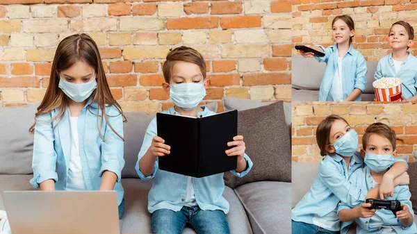 KYIV, UCRAINA - 27 APRILE 2020: collage di bambini in maschera medica con laptop, tenendo il telecomando vicino al fratello con secchio di popcorn e giocando ai videogiochi — Foto stock