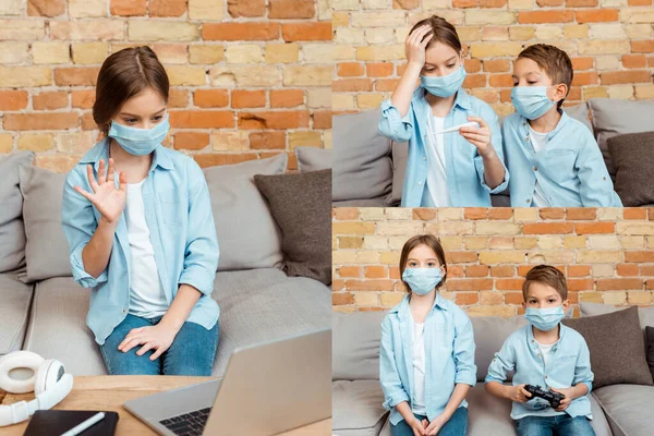 KYIV, UKRAINE - 27 de abril de 2020: colagem de criança em máscara médica acenando com a mão perto do laptop, segurando o termômetro digital e sentado perto do irmão jogando videogame — Fotografia de Stock