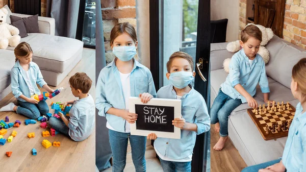 Colagem de irmãos em máscaras médicas segurando quadro com ficar em casa lettering, jogando xadrez e blocos de construção em casa — Fotografia de Stock