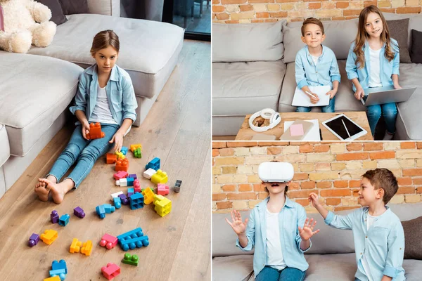 Collage von Kindern in der Nähe von Bausteinen, tragen Virtual-Reality-Headset und Geschwister E-Learning in der Nähe von Geräten — Stockfoto