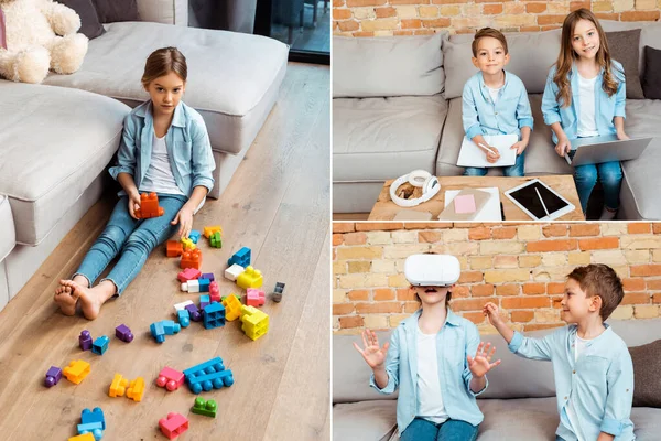 Collage von Kindern in der Nähe von Bausteinen, tragen Virtual-Reality-Headset und Geschwister E-Learning in der Nähe von Geräten — Stockfoto