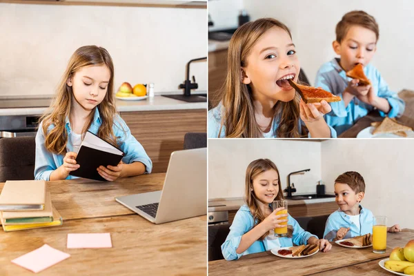 Collage de frères et sœurs prenant le petit déjeuner et l'enfant en utilisant un ordinateur portable tout en e-learning à la maison — Photo de stock