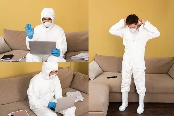 Collage of man in medical mask, latex gloves and hazmat suit using laptop in living room — Stock Photo