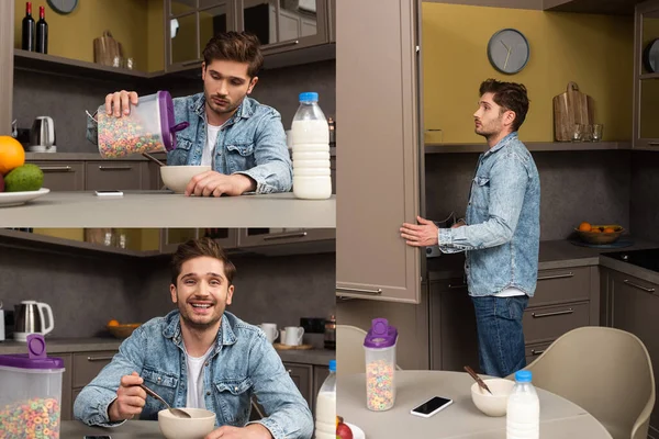 Collage of man eating cereals and opening fridge in kitchen — Stock Photo