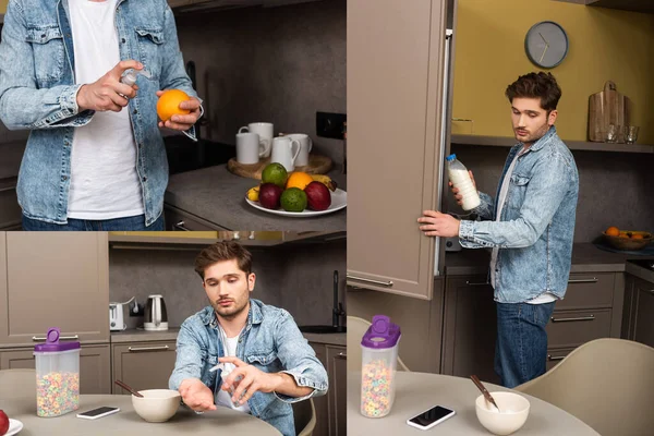Colagem de homem usando higienizador de mão perto de cereais e frutas na cozinha — Fotografia de Stock
