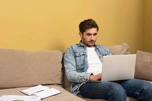 Freelancer bonito usando laptop perto de papéis e notebook no sofá — Fotografia de Stock