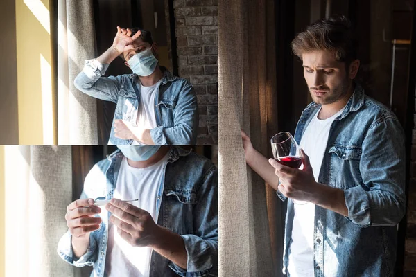 Collage of man in medical mask holding thermometer and glass of wine near window at home — Stock Photo