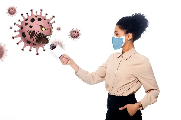 African american journalist with hand in pocket taking interview with bacteria isolated on white — Stock Photo