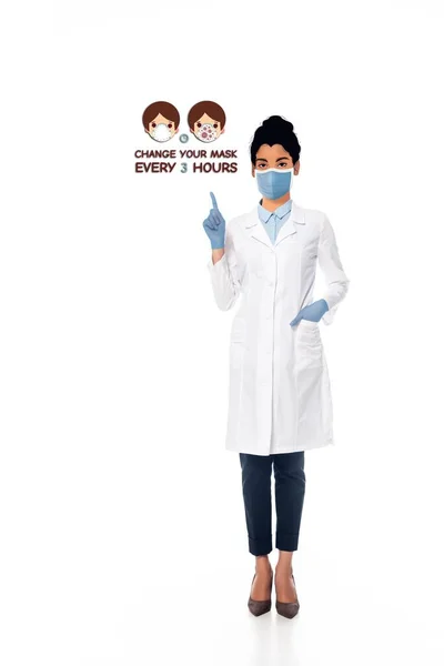 African american  doctor with illustrated face in medical mask pointing with finger at change your mask every 3 hours illustration on white — Stock Photo