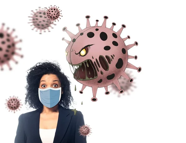Shocked african american businesswoman in medical mask near angry bacteria isolated on white — Stock Photo