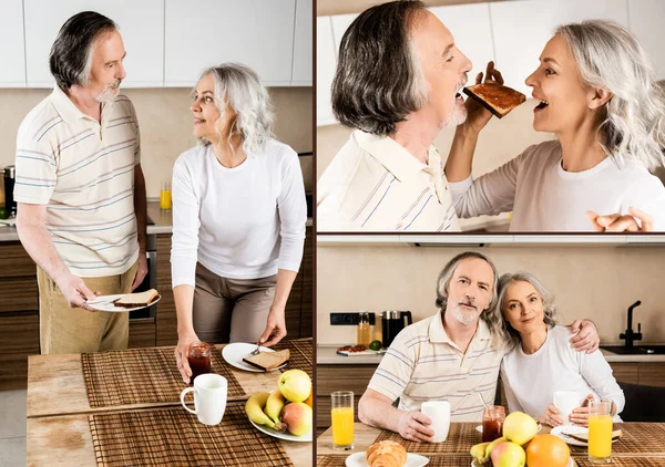 Collage de feliz pareja madura comiendo sabroso desayuno en casa - foto de stock