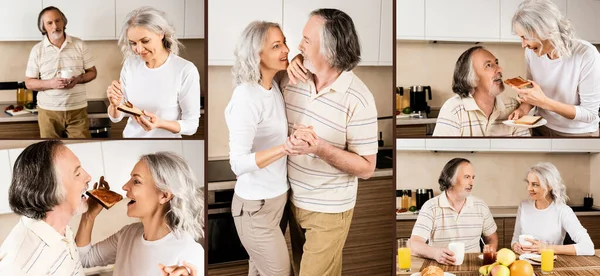 Collage de heureux couple d'âge mûr dansant et mangeant le petit déjeuner dans la cuisine — Photo de stock