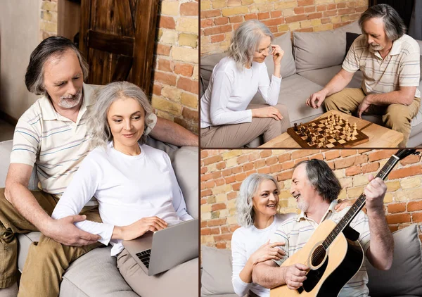 Collage d'un homme mature jouant de la guitare acoustique près d'une femme joyeuse, jouant aux échecs et utilisant un ordinateur portable dans le salon — Photo de stock