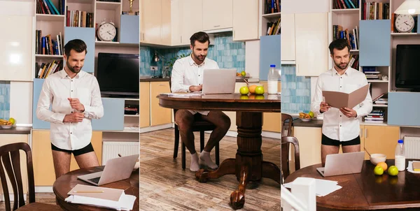 Collage of freelancer in shirt and panties working in kitchen — Stock Photo