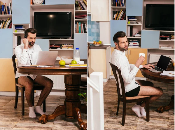 Collage of man in shirt and panties drinking coffee and working with laptop at home — Stock Photo