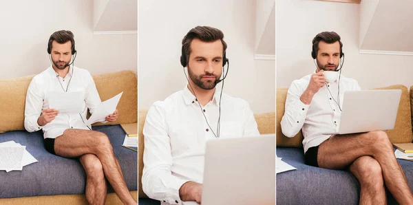 Collage di telelavoro in camicia e mutandine con auricolare, lavoro con carte e laptop e bere caffè sul divano — Foto stock