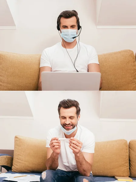 Collage di uomo sorridente che tiene il termometro e lavora con auricolari e laptop a casa — Foto stock