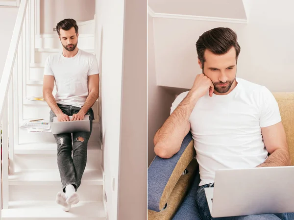 Collage von Telearbeitern mit Laptop und auf Treppen und Couch zu Hause — Stockfoto