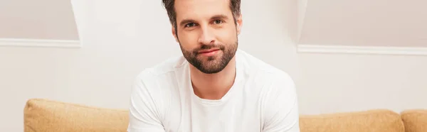 Panoramic crop of handsome man looking at camera on couch at home — Stock Photo