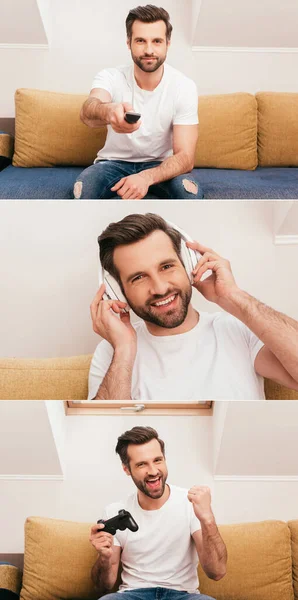 KYIV, UKRAINE - APRIL 14, 2020: Collage of handsome man using remote controller, headphones and playing video game on couch — Stock Photo