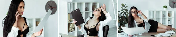 Коллаж сексуальной секретарши, говорящей на смартфоне и держащей бумаги, лежащей на столе в офисе — стоковое фото