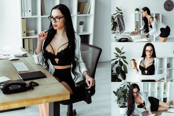 Collage of sensual secretary drinking coffee, working with papers and sitting at working table in office — Stock Photo