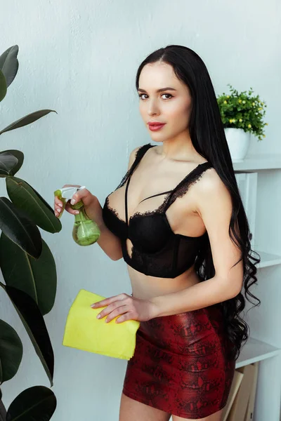 Seductive secretary looking at camera while holding rag and spray bottle near plant in office — Stock Photo