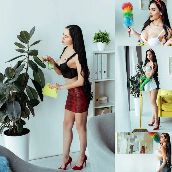 Collage of sensual woman spraying plant, using broom and dust brush — Stock Photo