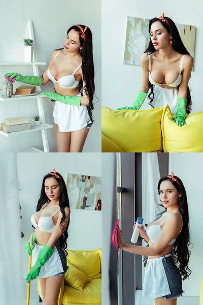 Collage de mujer sensual en guantes de goma usando trapo y escoba en casa - foto de stock