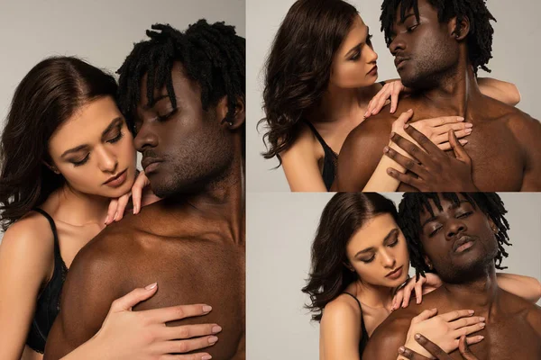 Collage von sexy interrassischen Paar umarmt isoliert auf grau — Stockfoto