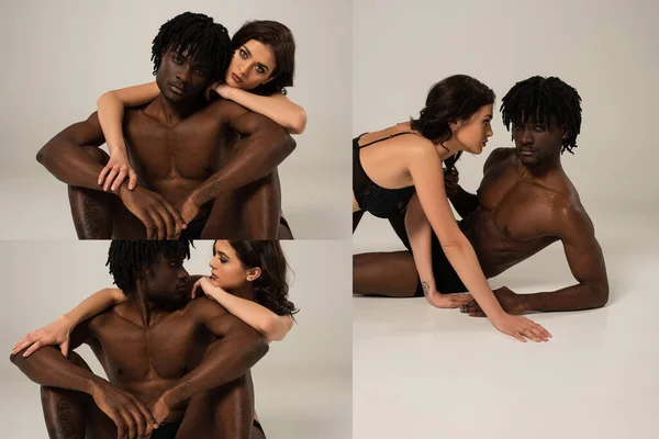 Collage con hermosa pareja interracial seductora abrazándose y acostándose en gris - foto de stock