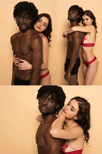 Collage con sexy interracial pareja abrazando en beige - foto de stock