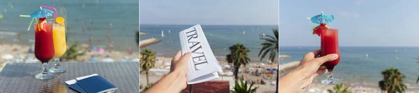 Collage d'homme tenant un cocktail, journal avec lettrage de voyage avec plage et mer en arrière-plan — Photo de stock