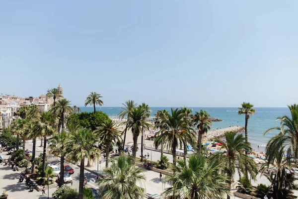 Strada urbana con palme sulla costa marittima in Catalogna, Spagna — Foto stock