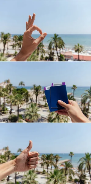 Collage of man gesturing like and okay signs and holding passports with sea coast at background in Catalonia, Spain — Stock Photo