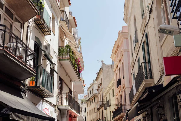 Rue urbaine avec lumière du soleil sur la façade et des plantes sur le balcon en Catalogne, Espagne — Photo de stock