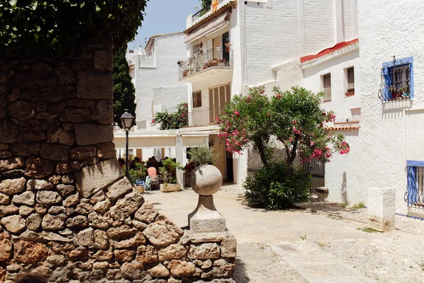 CATALONIE, ESPAGNE - 30 AVRIL 2020 : Rue urbaine avec arbre fleuri et façades blanches de bâtiments en Catalogne — Photo de stock